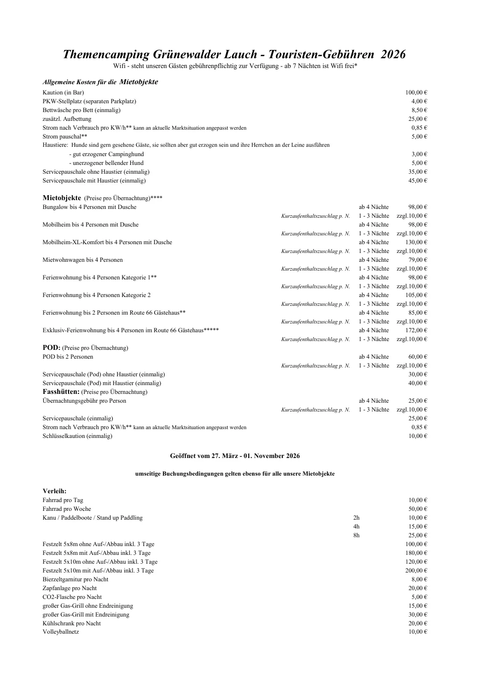 Preisliste Camping Grünewalder Lauch: Touristen-Gebühren 2026, Mietobjekte.