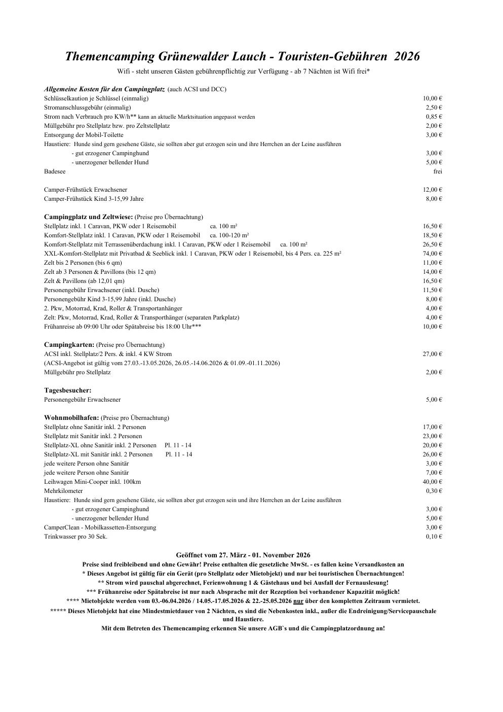 Preisliste Themencamping Grünewalder Lauch: Touristen-Gebühren 2026, PDF